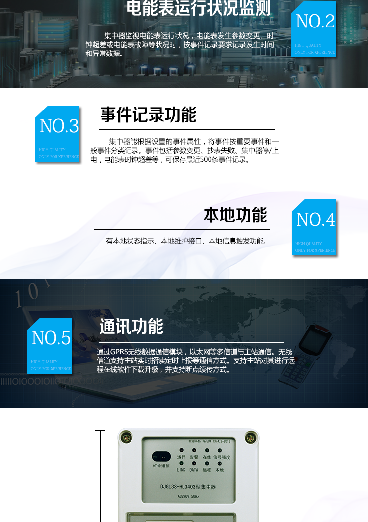 華立DJGL33-HL3403微型集中器主要功能
　　數(shù)據(jù)采集：能采集各電能表的實時電能示值、日零點凍結電能示值、抄表日零點凍結電能示值。帶有時標。
　　數(shù)據(jù)管理和存儲：能按要求對采集數(shù)據(jù)進行分類存儲，如日凍結數(shù)據(jù)、抄表日凍結數(shù)據(jù)、曲線數(shù)據(jù)、歷史月數(shù)據(jù)等。曲線凍結數(shù)據(jù)密度為1小時。集中器抄表數(shù)量最大為192只。集中器存儲容量為32M。
　　電能表運行狀況監(jiān)測：集中器監(jiān)視電能表運行狀況，電能表發(fā)生參數(shù)變更、時鐘超差或電能表故障等狀況時，按事件記錄要求記錄發(fā)生時間和異常數(shù)據(jù)。
　　參數(shù)設置和查詢功能：可主站遠程或手持設備本地設置和查詢檔案、通信參數(shù)等，
　　事件記錄：集中器能根據(jù)設置的事件屬性，將事件按重要事件和一般事件分類記錄。事件包括參數(shù)變更、抄表失敗、集中器停/上電，電能表時鐘超差等，可保存最近500條事件記錄。
　　本地功能：有本地狀態(tài)指示、本地維護接口、本地信息觸發(fā)功能
　　通訊功能：通過GPRS無線數(shù)據(jù)通信模塊，以太網(wǎng)等多信道與主站通信。無線信道支持主站實時招讀、定時上報等通信方式。支持主站對其進行遠程在線軟件下載升級，并支持斷點續(xù)傳方式。