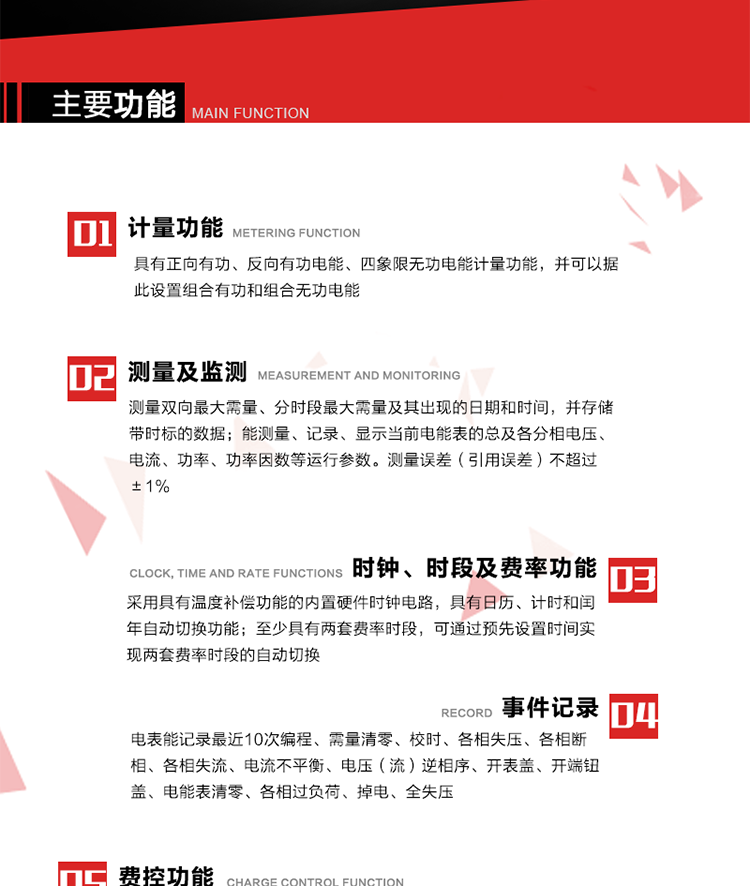 主要功能
1. 　電能計(jì)量
具有正向有功、反向有功電能、四象限無功電能計(jì)量功能，并可以據(jù)此設(shè)置組合有功和組合無功電能。
2. 　需量計(jì)量
測量雙向最大需量、分時(shí)段最大需量及其出現(xiàn)的日期和時(shí)間，并存儲(chǔ)帶時(shí)標(biāo)的數(shù)據(jù)。
3. 　測量及監(jiān)測
能測量、記錄、顯示當(dāng)前電能表的總及各分相電壓、電流、功率、功率因數(shù)等運(yùn)行參數(shù)。測量誤差（引用誤差）不超過±1%。
4. 　時(shí)鐘、時(shí)段及費(fèi)率功能
采用具有溫度補(bǔ)償功能的內(nèi)置硬件時(shí)鐘電路，具有日歷、計(jì)時(shí)和閏年自動(dòng)切換功能。內(nèi)部時(shí)鐘端子輸出頻率為1Hz。至少具有兩套費(fèi)率時(shí)段，可通過預(yù)先設(shè)置時(shí)間實(shí)現(xiàn)兩套費(fèi)率時(shí)段的自動(dòng)切換。每套費(fèi)率時(shí)段全年至少可設(shè)置2個(gè)時(shí)區(qū)，24小時(shí)內(nèi)至少可以設(shè)置8個(gè)時(shí)段，時(shí)段最小間隔為15分鐘，并且時(shí)段間隔大于表內(nèi)設(shè)定的需量周期值，時(shí)段可跨越零點(diǎn)設(shè)置。
5. 　費(fèi)控功能 
電能表費(fèi)控功能的實(shí)現(xiàn)方式通過公網(wǎng)等虛擬介質(zhì)和遠(yuǎn)程售電系統(tǒng)實(shí)現(xiàn)。
6. 　無線通信
通過無線通信與主站通信。支持在安全認(rèn)證前提下，通過無線網(wǎng)絡(luò)信道修改費(fèi)率時(shí)段表及電價(jià)。
7. 　事件記錄
電表能記錄最近10次編程、需量清零、校時(shí)、各相失壓、各相斷相、各相失流、電流不平衡、電壓（流）逆相序、開表蓋、開端鈕蓋、電能表清零、各相過負(fù)荷、掉電、全失壓。
8. 　凍結(jié)
具有定時(shí)凍結(jié)、瞬時(shí)凍結(jié)、約定凍結(jié)和日凍結(jié)功能。
9.　 負(fù)荷記錄
記錄正反向有功總電能、無功總電能、四象限無功總電能、組合有功、組合無功1、組合無功2，負(fù)荷記錄間隔時(shí)間可以在1～60min范圍內(nèi)設(shè)置，時(shí)間間隔為1min的情況下可記錄不少于40天的數(shù)據(jù)容量。
10. 　停電抄表
在停電狀態(tài)下，能通過按鍵或非接觸方式喚醒電能表，抄讀電能量等數(shù)據(jù)。
11. 擴(kuò)展功能
計(jì)量視在電能、諧波電壓、電流、電量的監(jiān)測、電能質(zhì)量監(jiān)測和計(jì)算鐵損、銅損。 